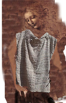 Leonardo's Female Face, models handwoven shell top. Weaves By Cappa.